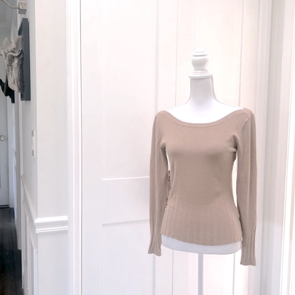 Yuka‎ Womens Ribbed Knit Sweater Tan Scoop Neck Long Sleeve Top PL Petite NWT